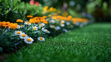 Vibrant Garden Scene on Sunny Day: White Daisies, Orange Marigolds, Green Leaves & Neatly Trimmed Short Grass