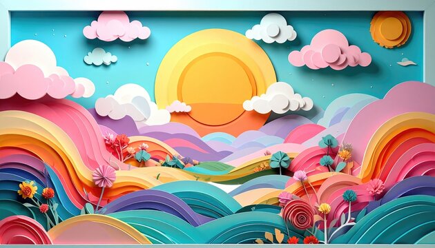 A whimsical, layered landscape with colorful, paper-cut waves, mountains, flowers, a bright sun, and puffy clouds against a light blue sky backdrop
