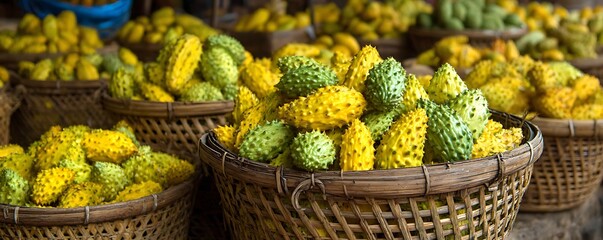 Yellow and green spiky gourds in woven baskets at a market