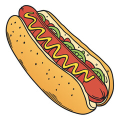 Red sausage yellow bun with mustard and green relish