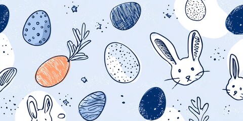 A playful pattern of Easter eggs, bunnies, and carrots in a light blue backdrop, highlighting a whimsical, hand-drawn aesthetic.