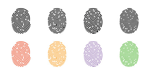 Set of Eight Fingerprint Illustrations in Black and Various Colors on a White Background