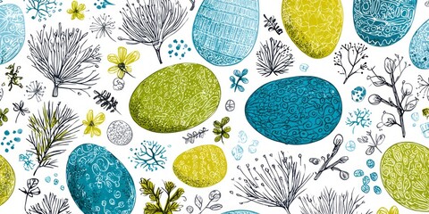 Delicate botanical and geometric pattern with stylized egg-shaped forms in teal and olive green, accented by detailed linework and small floral and leaf elements.