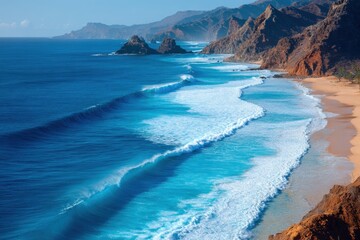 Majestic Coastal Waves with Rocky Cliffs and Clear Blue Sky