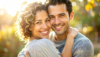 Happy couple embracing outside in warm light, smiling at camera. They are wearing sweaters and foliage is softly blurred in the background