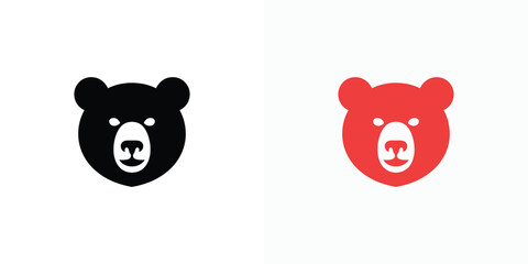 Symmetrical Bear Face Icon in Black and Red, Cartoon Animal with Round Features