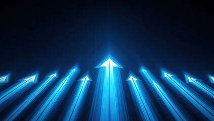 A dynamic graphic of multiple upward-pointing arrows, radiating light, against a dark background, emphasizing growth and progress.