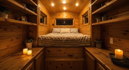 Cozy Wooden Cabin Interior with Soft Lighting and Minimalist Decor for Tranquil Retreat Vibes