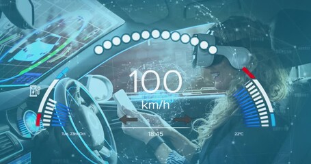 Animation of speedometer over caucasian woma nin vr headset driving electric car - Powered by Adobe