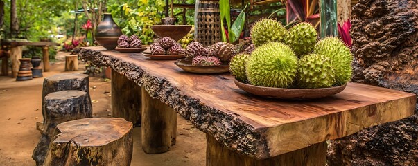 Rustic wooden table outdoors, laden with fruits and pottery, in a tropical garden setting
