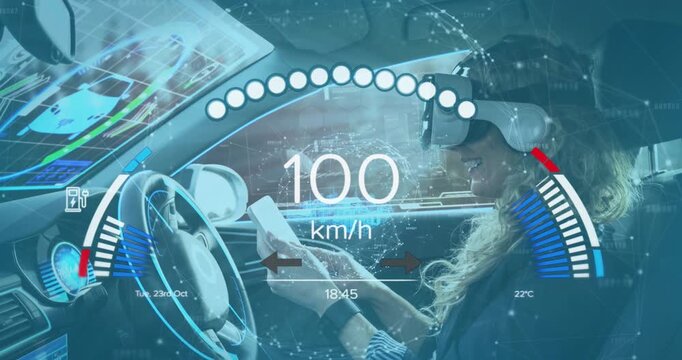 Animation of speedometer over caucasian woma nin vr headset driving electric car