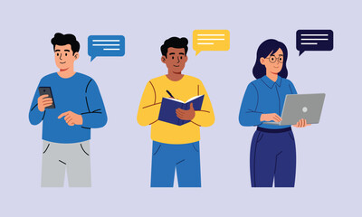 Diverse group communicating online using modern technology. Vector illustration. Flat character