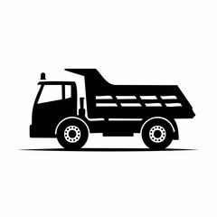 Naklejka premium A flat, black silhouette icon of a heavy-duty dump truck, representing construction, industrial transport, and machinery