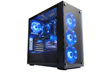 High-end PC case, lit with vibrant blue LEDs.  Clear panels showcase internal components