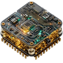 A close up shot of a complex circuit board with intricate pathways and components glowing isolated on transparent background
