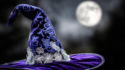 Fototapeta premium Close-up of a velvet witch hat with silver cobwebs, bathed in soft purple lighting and a blurred full moon.