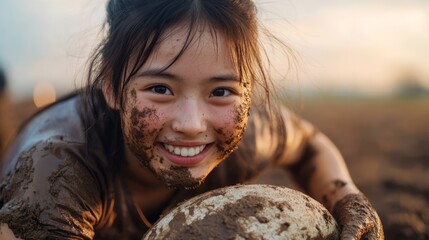 Happy girl playing rugby in muddy field during sunset with joyful expression on her face