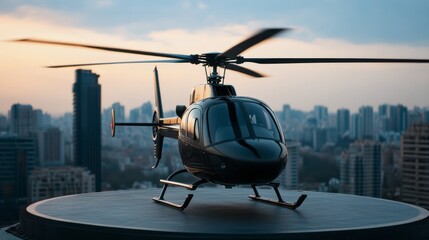 Modern Helicopter on Rooftop at Dusk with City Skyline and Dramatic Sky Background