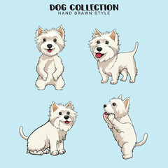 Cute Westie dogs vector set Collection of hand drawn kawaii style in illustration