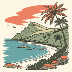 Tropical beach palm trees ocean mountain landscape