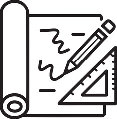 Vector illustration line art icon of blueprint paper with pencil and triangle ruler for planning, drafting, architecture, and design concepts