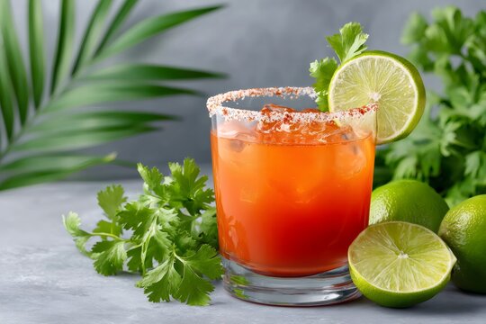 Refreshing michelada cocktail is garnished with lime and cilantro