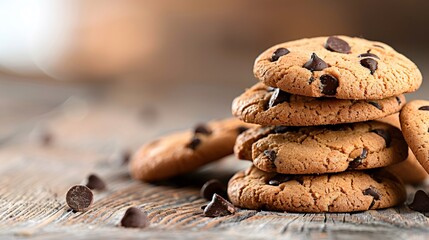 Stack of delicious chocolate chip cookies resting on wooden table