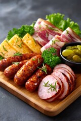Wooden cutting board presenting grilled sausages, sliced ham, bacon, cheese and pickles