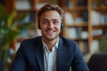 Portrait of a smiling young man in a suit and headset sitting in the office at the desk, talking to the camera, conducting business meetings, training, or conferences, Generative AI