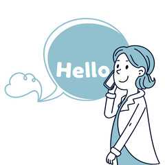 Woman talking on phone with hello speech bubble communication