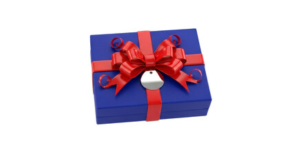 Elegant blue gift box adorned with a vibrant red ribbon and bow, featuring a blank silver tag for personalization, perfect for celebrations.