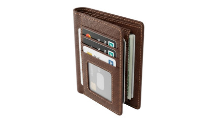 Fototapeta premium Stylish brown leather wallet filled with credit cards and cash, perfect for modern professionals seeking organized finance and security.