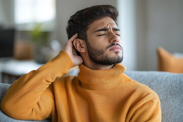young Muslim man suffering from neck pain, sitting on the couch tiredly, massaging his hand, indicating the effects of physical strain or discomfort, Generative AI
