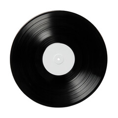 Obraz premium Black vinyl record with white label. Circular, full view. Textured black surface, smooth white center