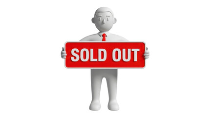 Fototapeta premium Charming 3D character proudly displays a bright red 'SOLD OUT' sign, signaling successful sales and high demand
