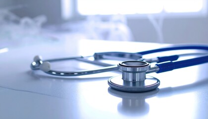 Stethoscope on a bright white surface, with a blurred window in the background, creating a clean and professional medical ambiance