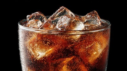 Close-up of a glass of cola with ice cubes