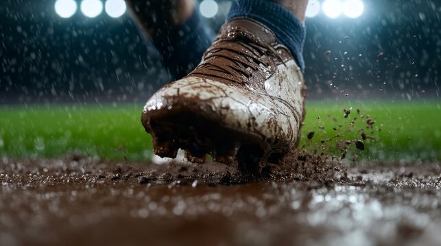 Close-up of a Muddy Soccer Shoe on Wet Ground During an Intense Rainy Match in Action