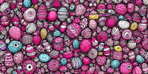 A vibrant, playful design features numerous decorated Easter eggs in various shades of pink, purple, and blue, adorned with intricate patterns and swirls.