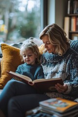 A woman sitting on a couch reading a book to a little girl