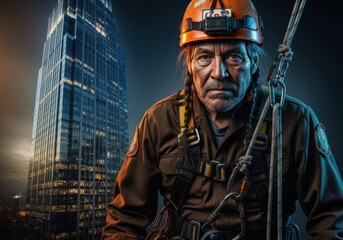 Obraz premium experienced industrial climber wearing helmet and safety harness, working high above city skyline near skyscraper, concept of construction, danger, resilience and extreme urban professions
