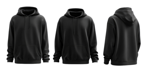Three-view mockup of a black hoodie