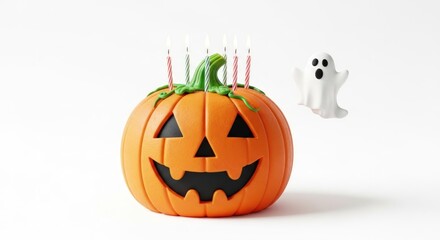 A joyful Halloween pumpkin celebrates with candles and a friendly ghost companion