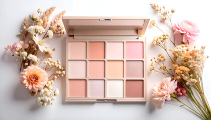 Pastel Pink and Peach Makeup Palette with Delicate Dried Flowers on Pristine White, Creating a Soft and Natural Beauty Aesthetic