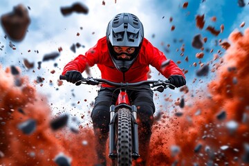 A man riding a mountain bike through a red explosion