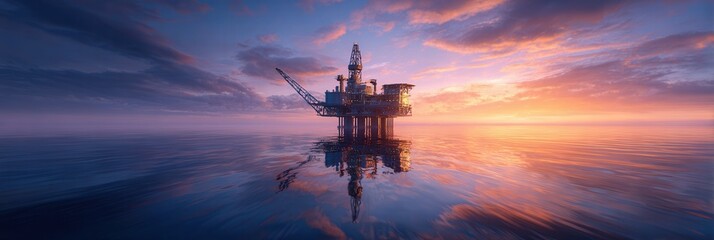An offshore oil rig stands in the calm sea at sunset, with the sky's colorful hues and the rig's reflection on the water.