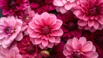 A close-up view of a variety of pink and magenta dahlia flowers. Soft focus
