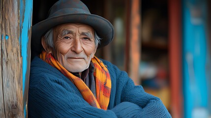 Close-Up Portrait of Elderly Person: Gray Hair, Dark Hat, Blue Textured Clothing & Vibrant Orange-Red Scarf, Smiling at Camera