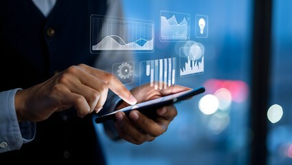 Hands using smartphone with glowing data visualizations