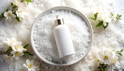 Luxurious white pump bottle mockup resting on a bed of soft white crystals, adorned with delicate white flowers and green leaves